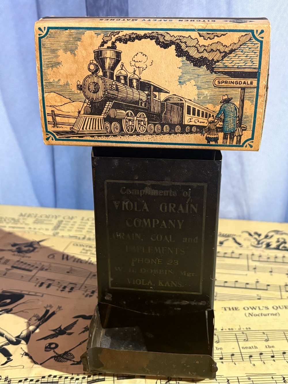 Viola Grain Company Advertising Grain, Coal, Implements Tin Match Safe w/Matches